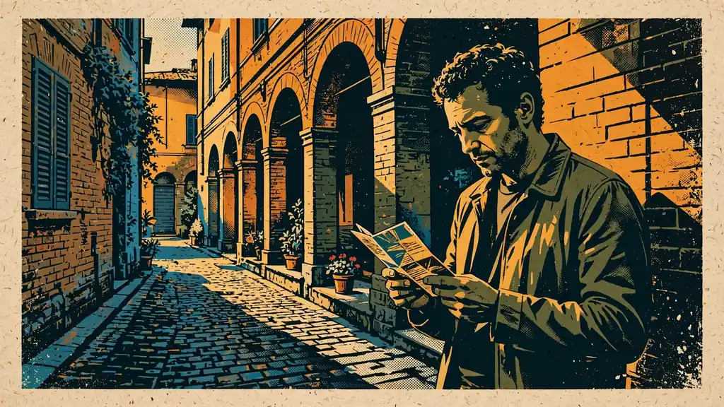Uomo su una via italiana che riflette su un volantino piegato.
