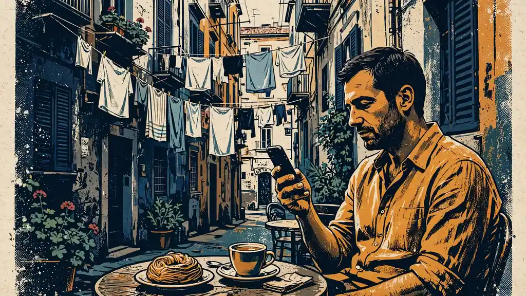 Uomo al bar con smartphone rivolto altrove, caffè e cornetto sul tavolo.